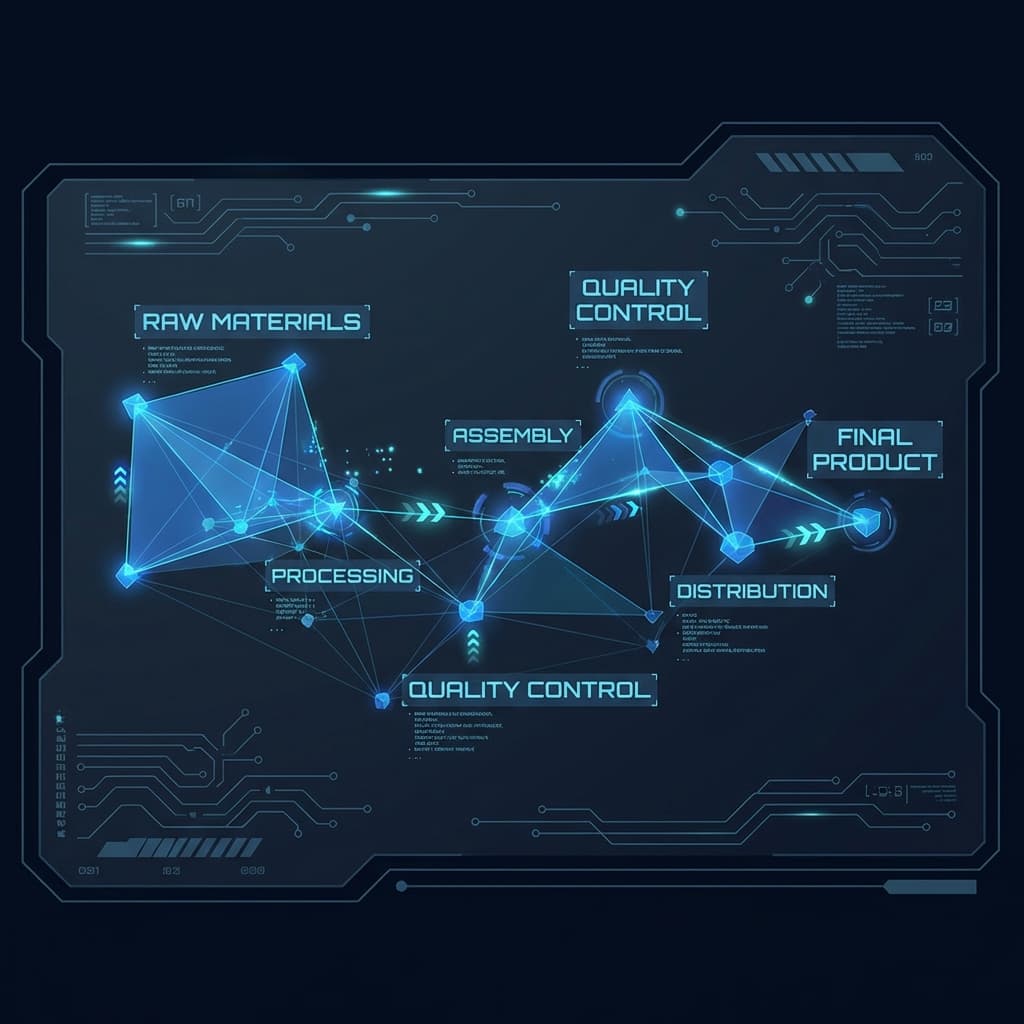 Production Chain visual graph editor visualizing complex factory connections and flow