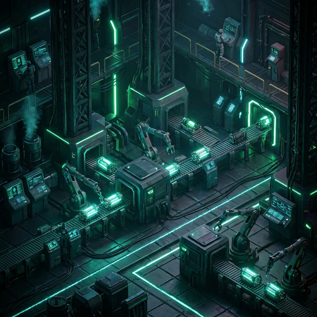 Futuristic factory layout design planned using the Arknights Endfield Calculator tools